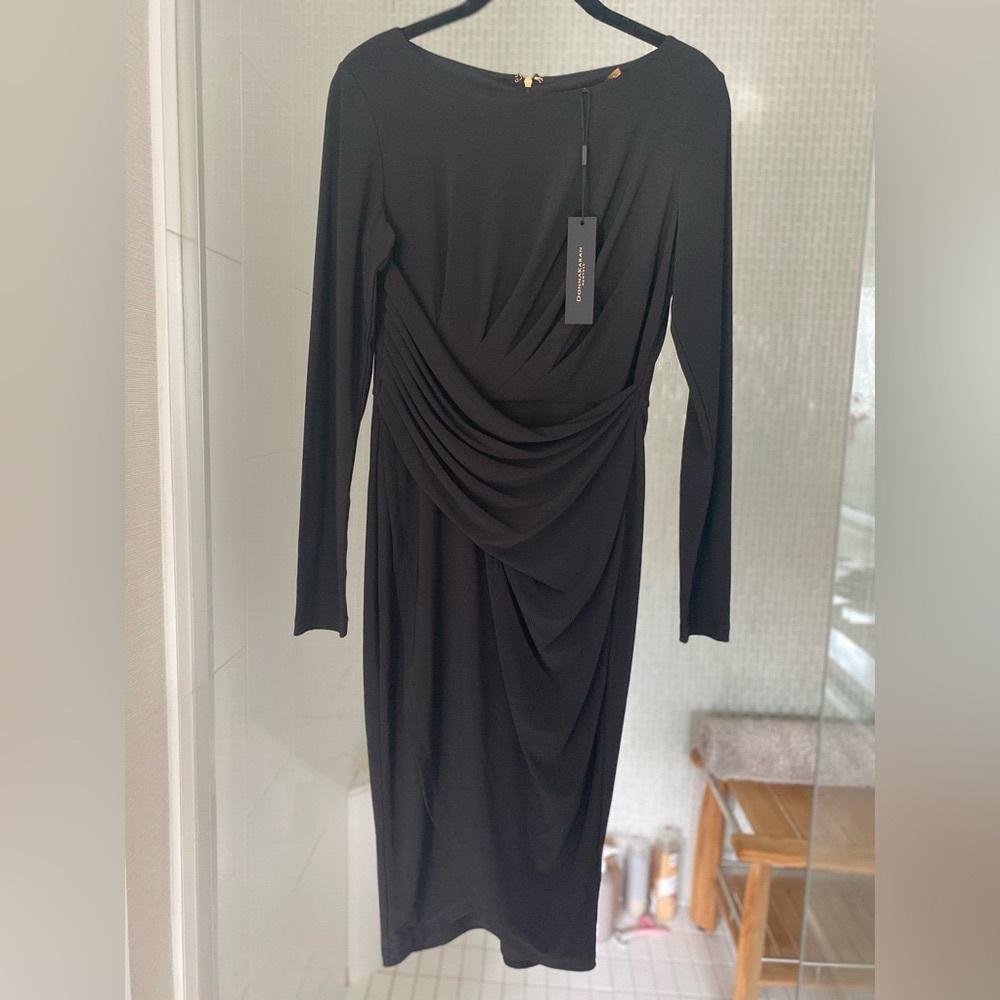 NEW DONNA KAREN Black Draped Long Sleeve Dress SZ 4